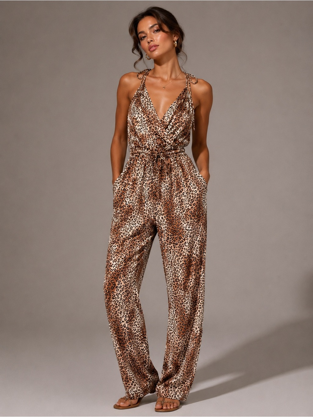 NWOT Express Leopard Jumpsuit halter tie neck,  pockets adjustable waist tie.
